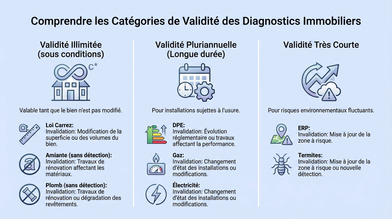 Schéma explicatif des trois catégories de validité des diagnostics immobiliers : illimitée, pluriannuelle et courte durée