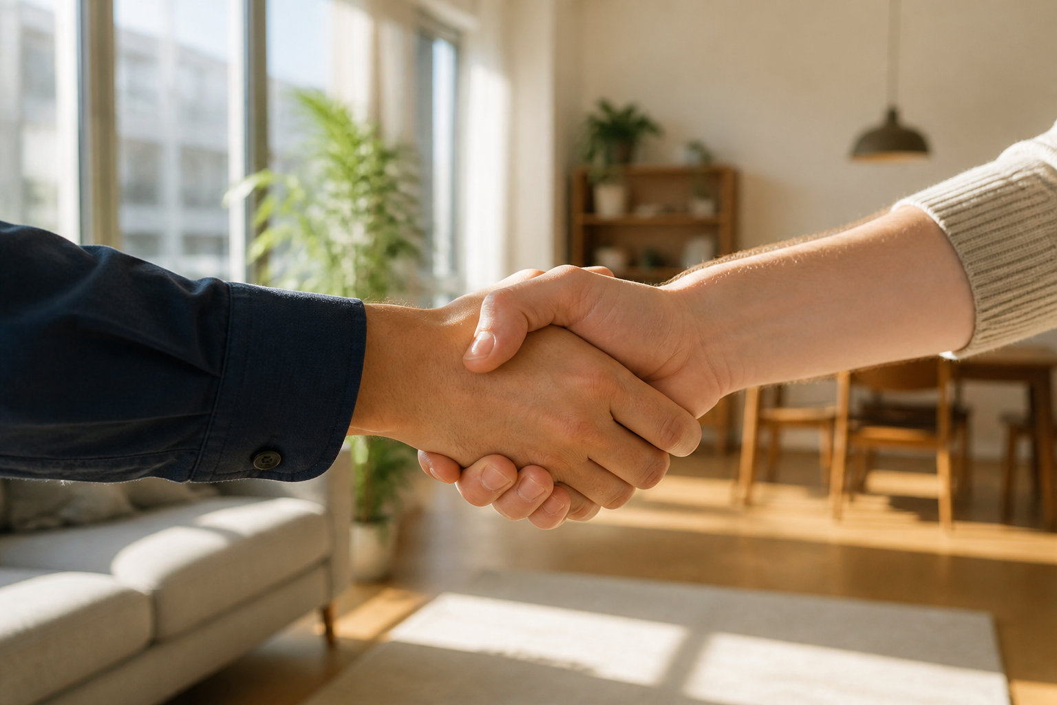 Poignée de main entre un agent immobilier et ses clients après la signature d'un mandat