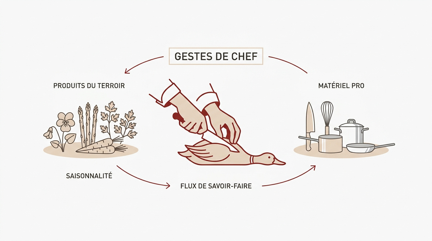 Chef cuisinier transmettant des gestes techniques avec des produits du terroir toulousain