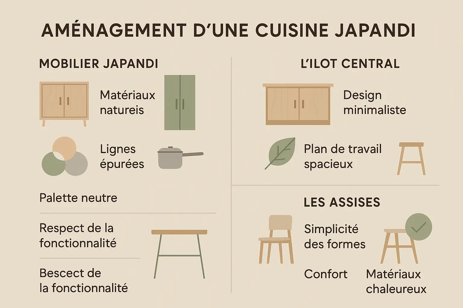 Exemple d'<strong>aménagement de cuisine Japandi</strong> avec îlot central et rangements intégrés