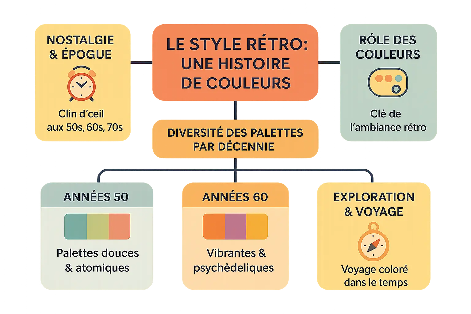 Palette de couleurs rétro des années 50 à 70