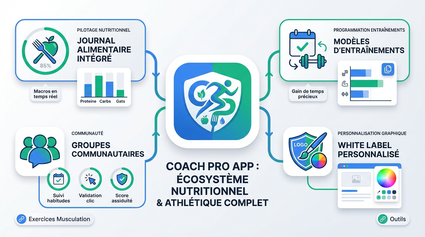 Interface de l'application Coach Pro affichant le suivi nutritionnel et les programmes d'entraînement