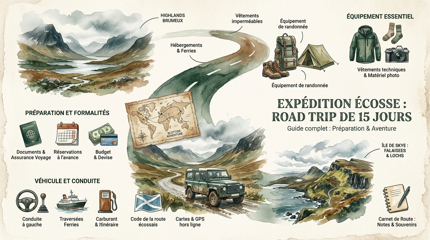 Préparation d'un véhicule pour un road trip dans les paysages montagneux d'Écosse