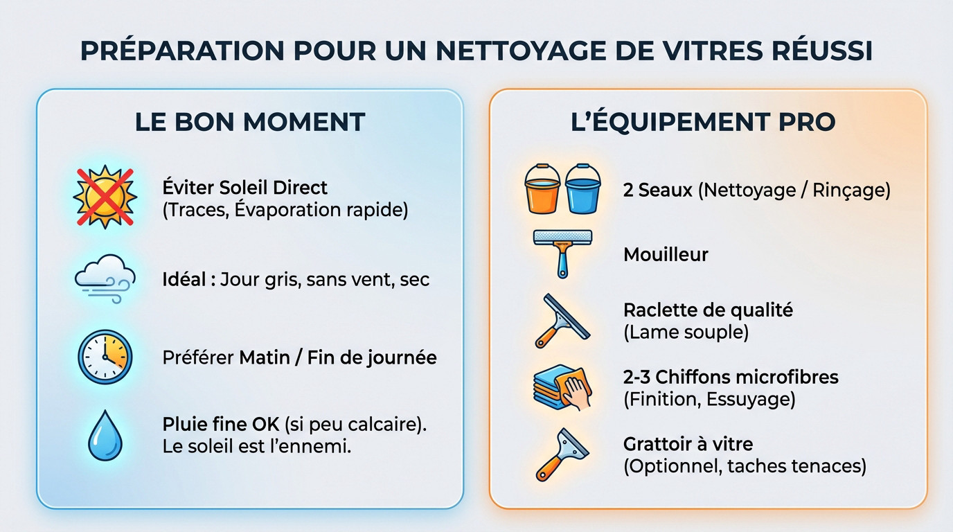 Assortiment complet d'outils de nettoyage pour vitres incluant raclette et microfibres
