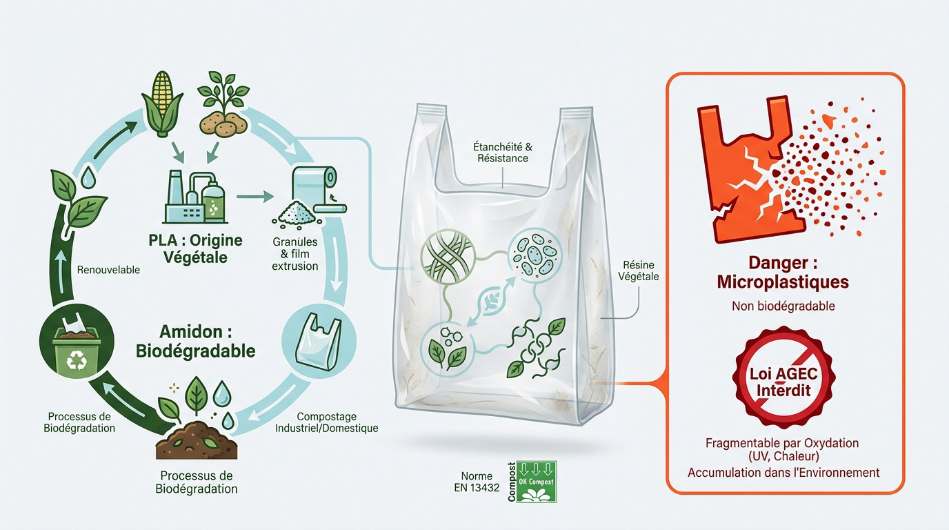 Comparaison entre sacs compostables en amidon et sacs plastiques fragmentables