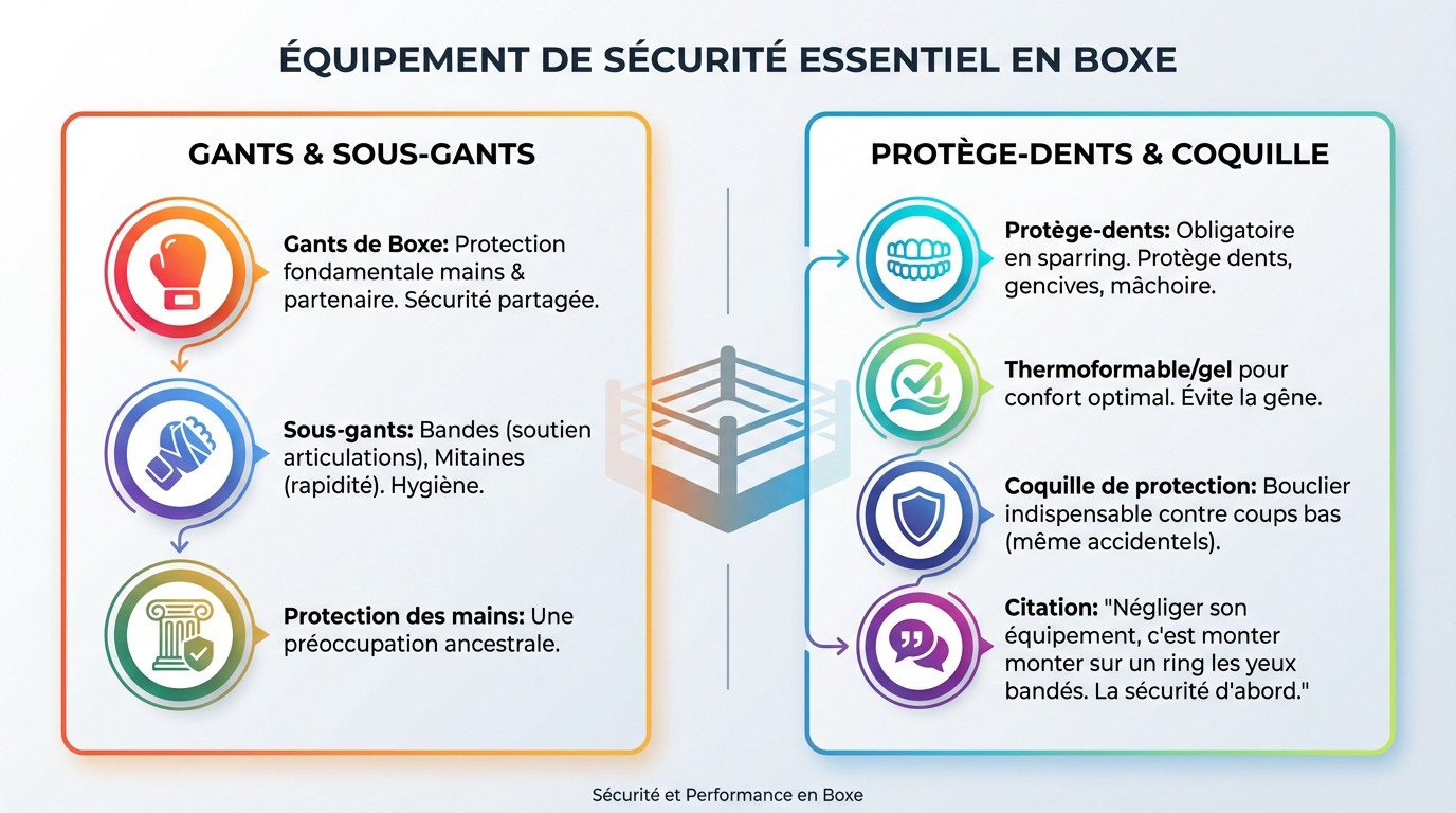 Équipement de sécurité essentiel en boxe incluant gants et protections