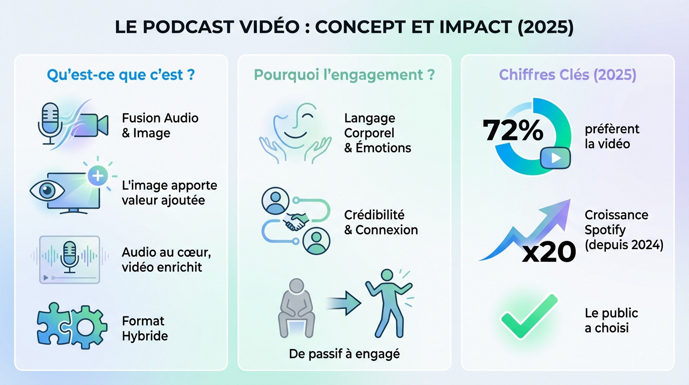 Podcast vidéo : le format qui va tout rafler en 2025 1 Studio d'enregistrement moderne montrant la fusion entre l'équipement audio professionnel et la captation vidéo pour un podcast vidéo