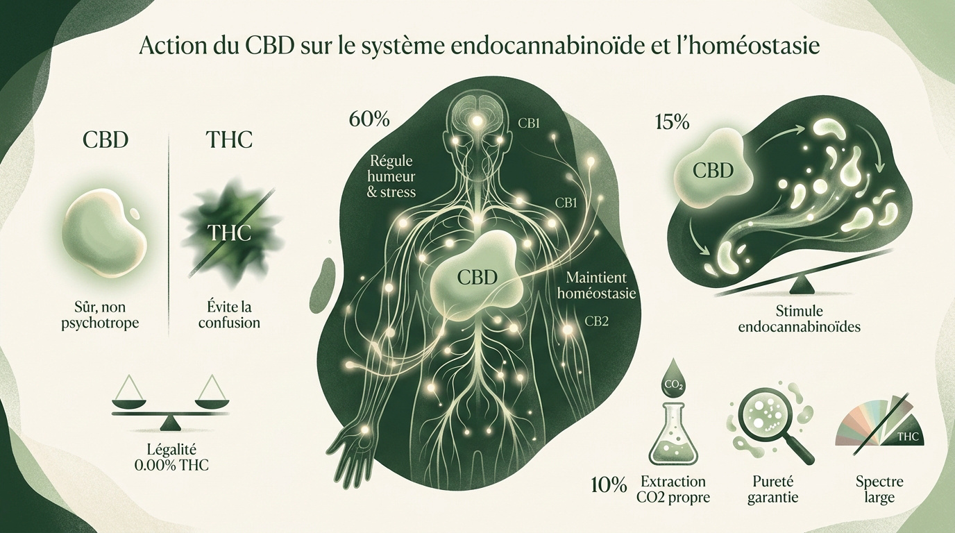 Schéma de l'interaction du CBD avec le système endocannabinoïde humain