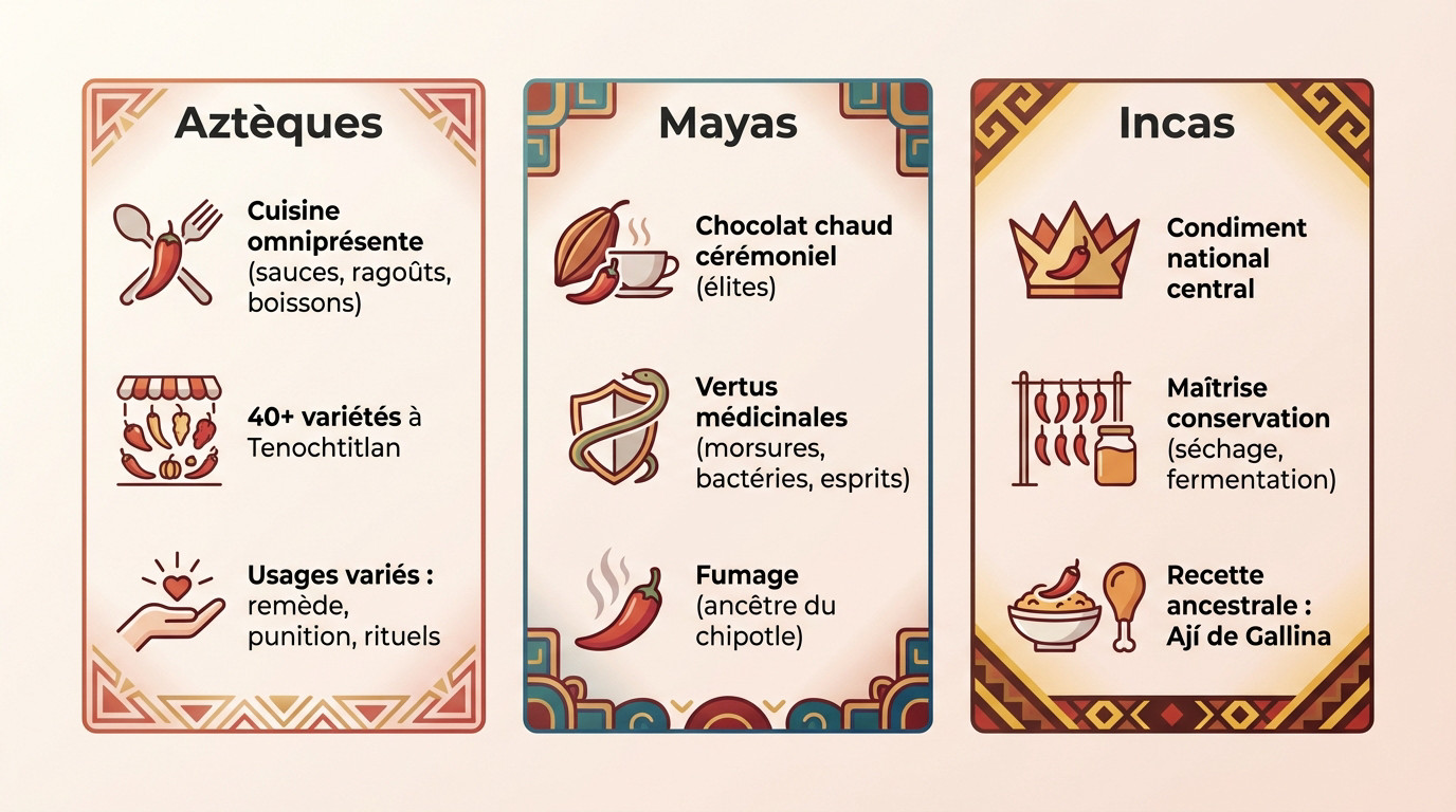 Illustration historique montrant l'utilisation du piment par les civilisations précolombiennes comme les Aztèques et les Mayas