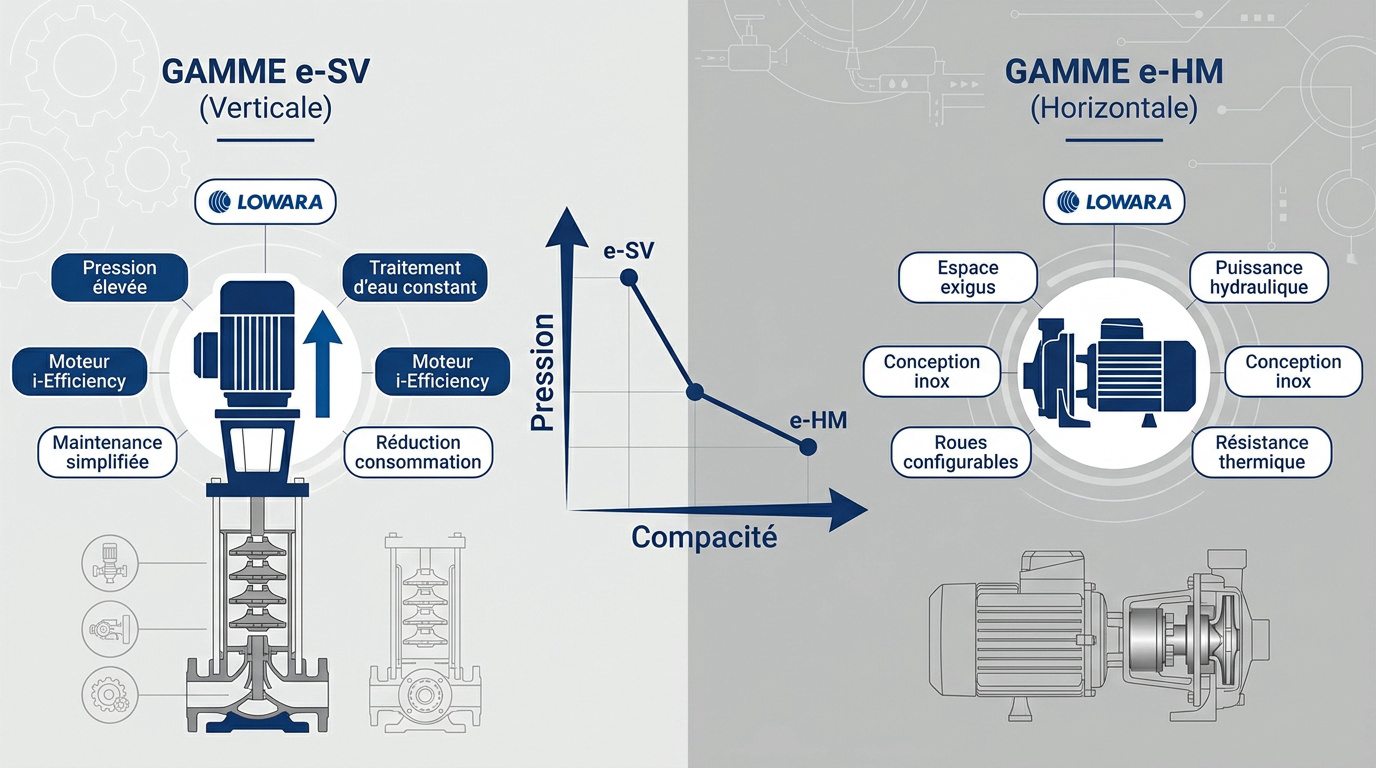 Infographie comparative des pompes industrielles Lowara e-SV et e-HM pour applications haute pression et espaces restreints