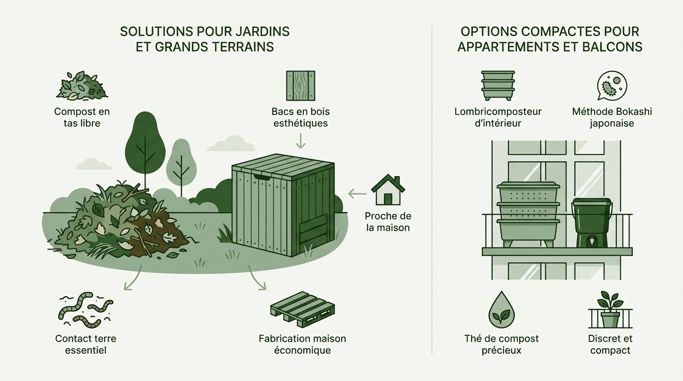 Comparaison entre un composteur de jardin en bois et un lombricomposteur d'appartement compact