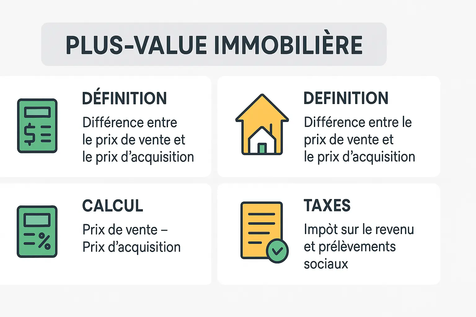 Graphique illustrant le calcul de la plus-value immobilière avec prix d'achat, prix de vente et frais déductibles.