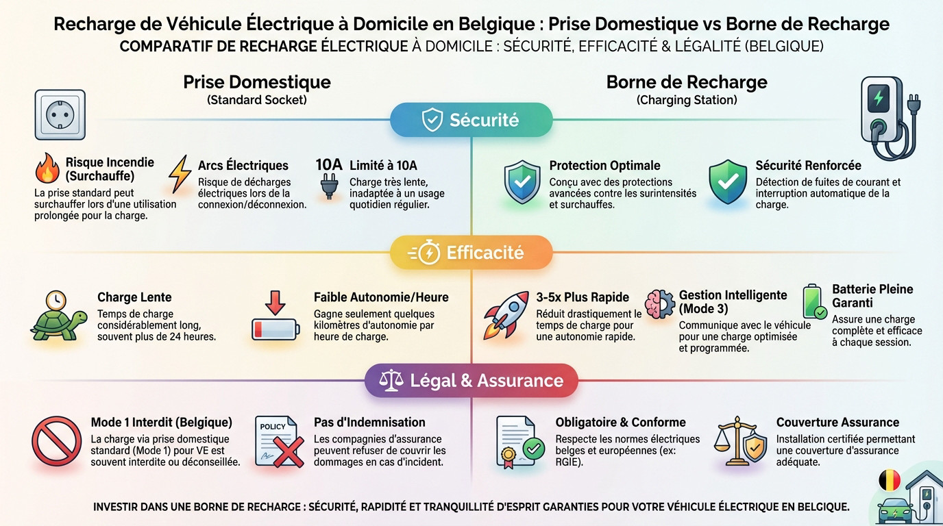 Comparaison recharge voiture électrique prise domestique vs borne murale en Belgique
