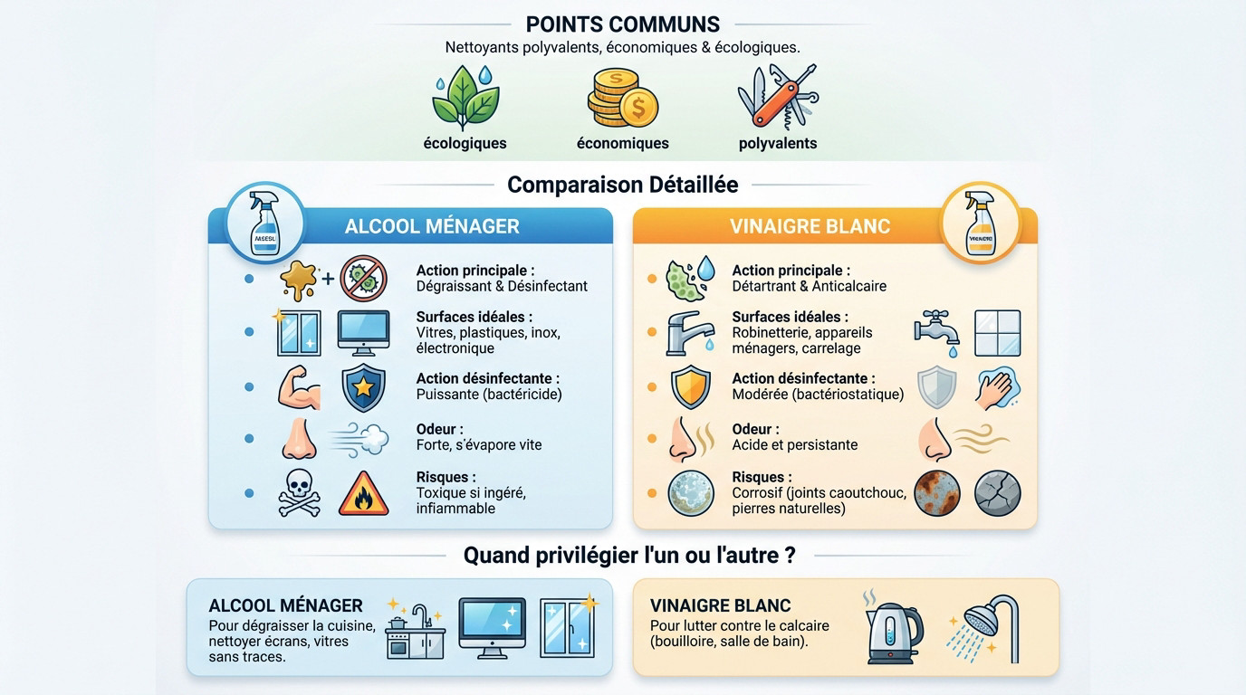 Tableau comparatif des usages entre alcool m&eacute;nager et vinaigre blanc