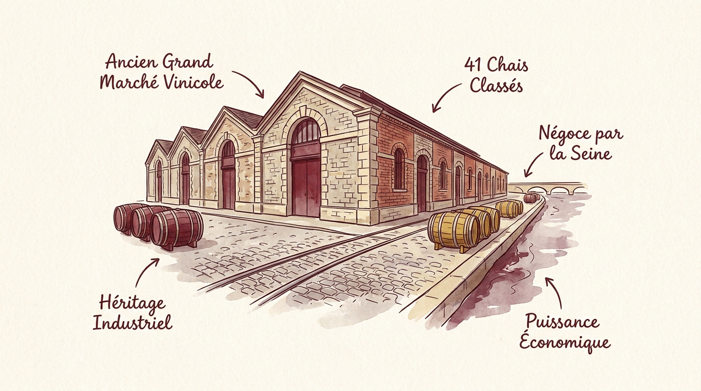 Anciens chais de Bercy transformés en zone piétonne avec rails d'époque