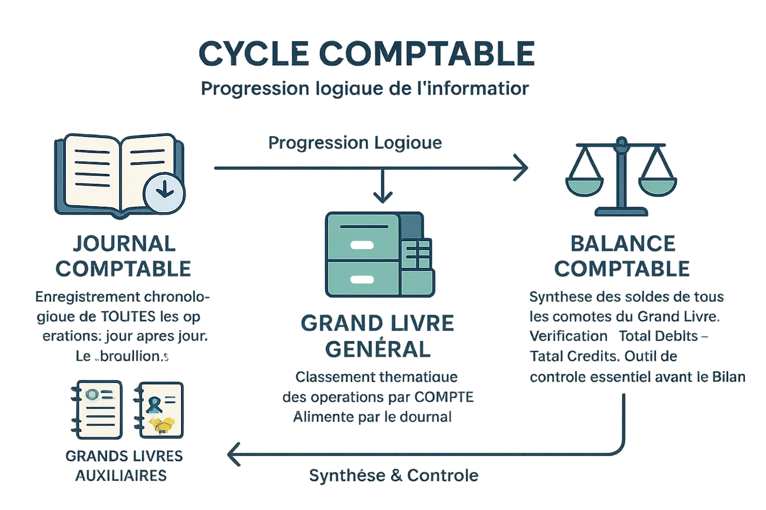 Schéma du cycle comptable du journal à la balance