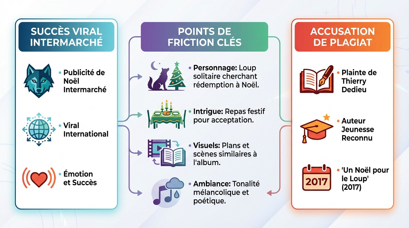 Comparaison visuelle entre la publicité Intermarché et le livre Un Noël pour le loup illustrant la controverse de plagiat