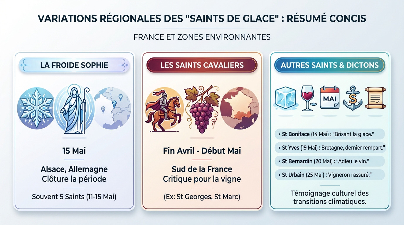 Carte illustrant les variations régionales des Saints de Glace en France