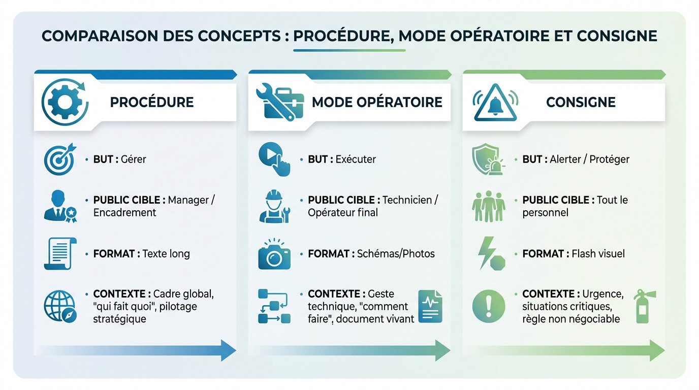 Tableau comparatif illustrant les différences entre procédure, mode opératoire et consigne de sécurité
