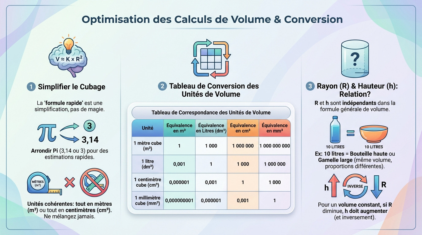 Tableau de conversion pour le volume d'un cylindre en m3 et litres