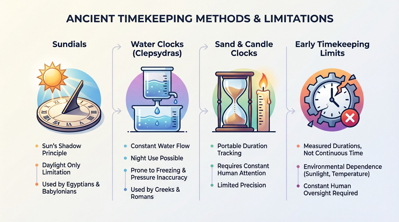 Illustration showing ancient timekeeping methods: a sundial, a water clock, and an hourglass, highlighting their limitations compared to modern clocks.