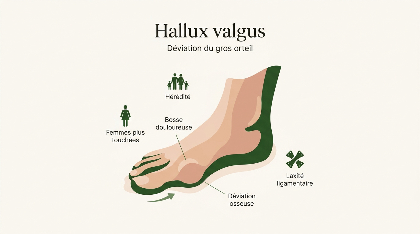 Schéma anatomique de l'hallux valgus montrant la déviation du premier métatarsien et l'inflammation de l'oignon