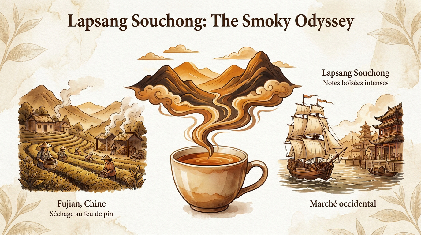 Feuilles de thé noir Lapsang Souchong séchant traditionnellement au-dessus d'un feu de bois de pin dans le Fujian