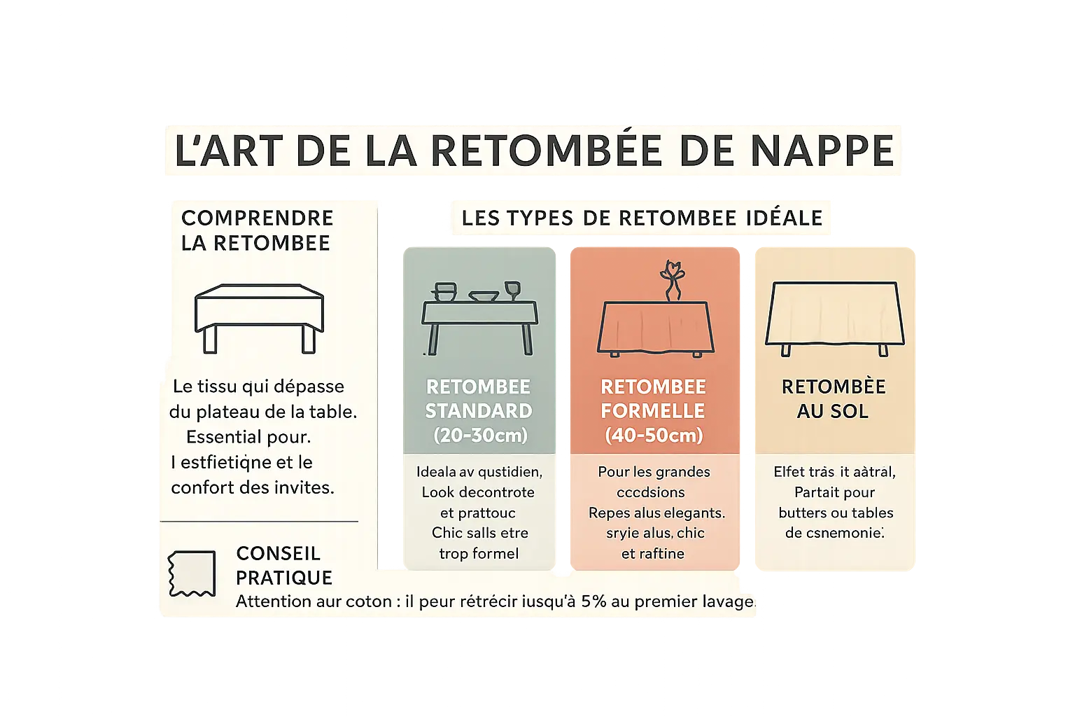 Guide visuel pour choisir la taille de nappe selon la forme de table et la retombée souhaitée