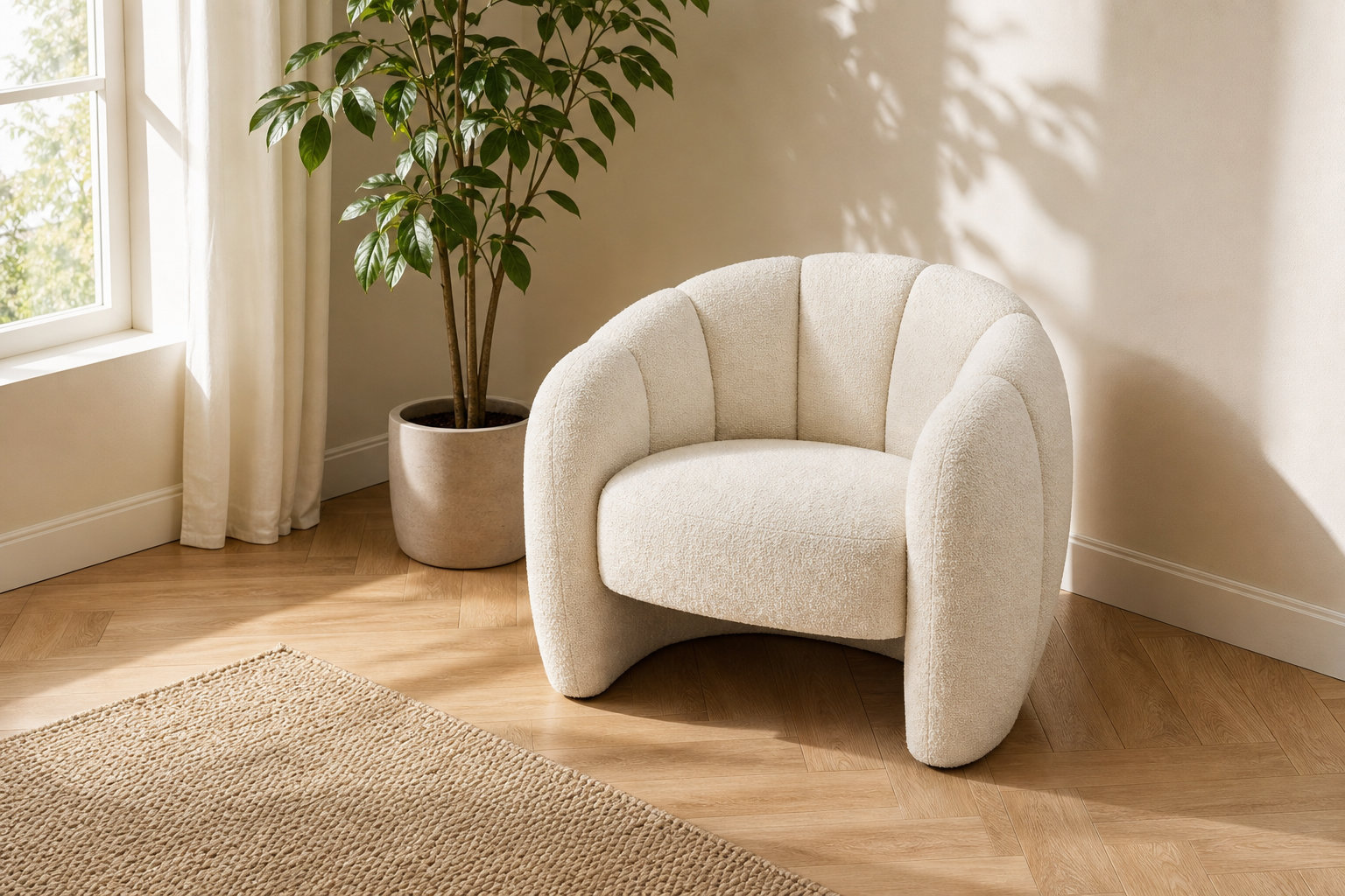 Fauteuil enveloppant DELIPO en tissu chenille beige