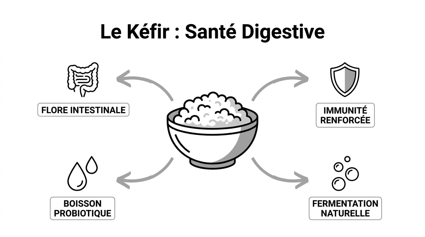 Bouteille de kéfir maison entourée de fruits frais et de grains de fermentation