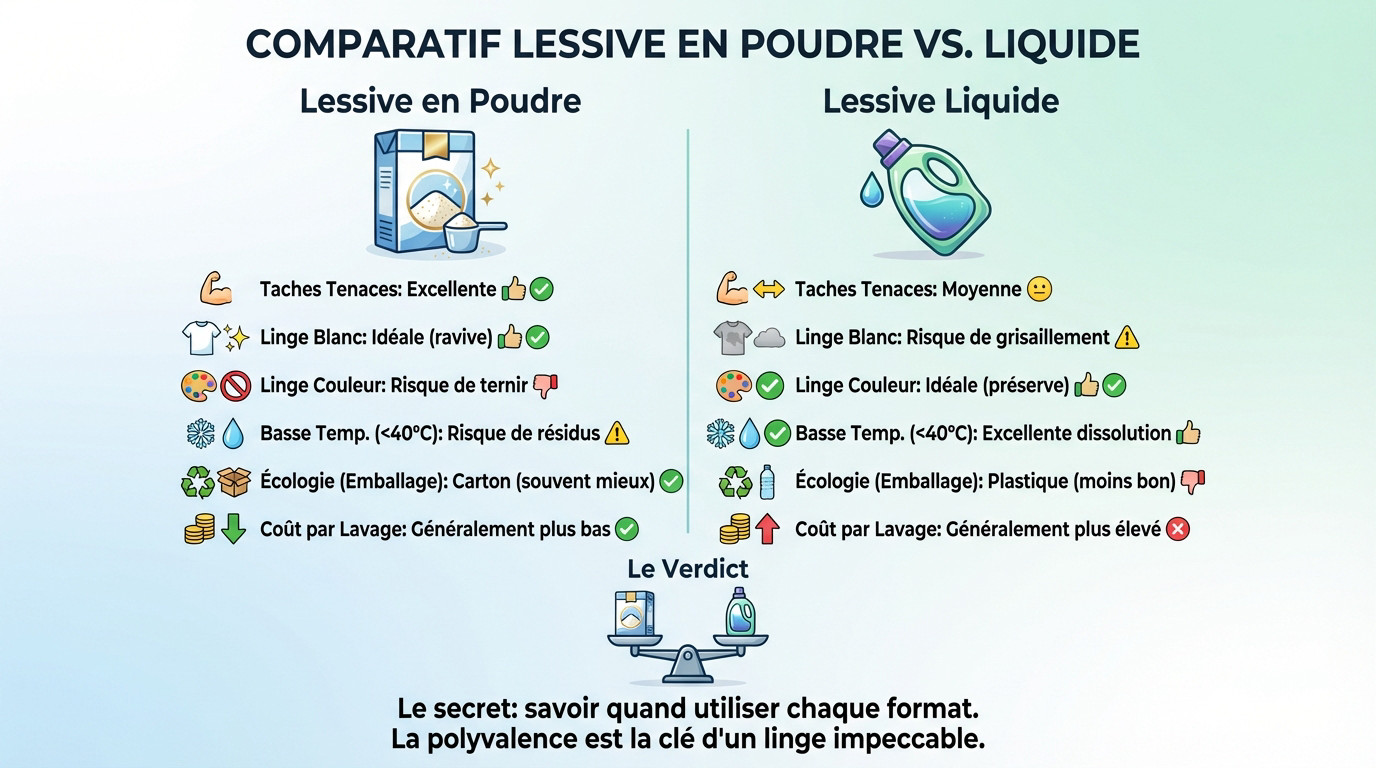 Comparatif visuel montrant les diff&eacute;rences d'efficacit&eacute; entre la lessive en poudre et la lessive liquide