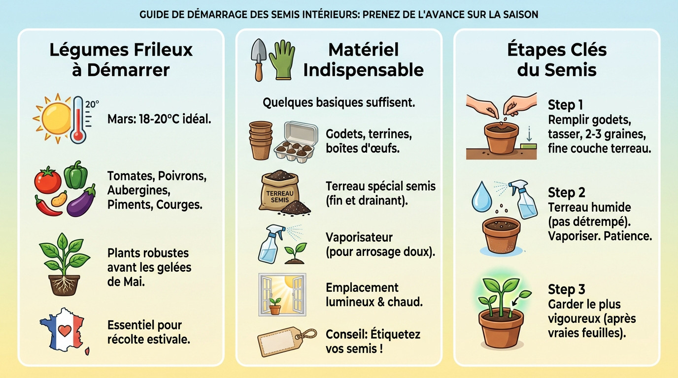 Matériel de jardinage nécessaire pour réussir ses semis de légumes en intérieur : godets, terreau et graines
