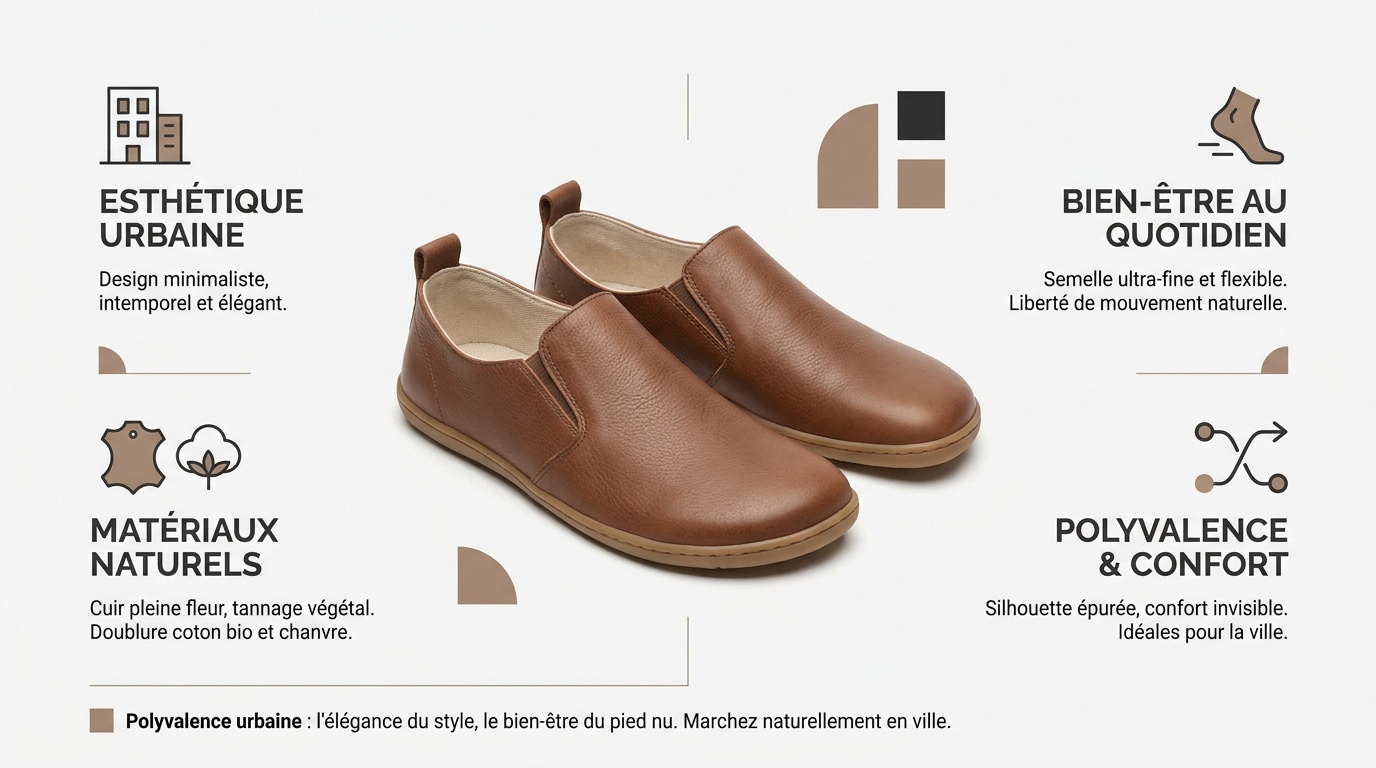 Femme portant des chaussures barefoot élégantes en milieu urbain pour allier confort et style