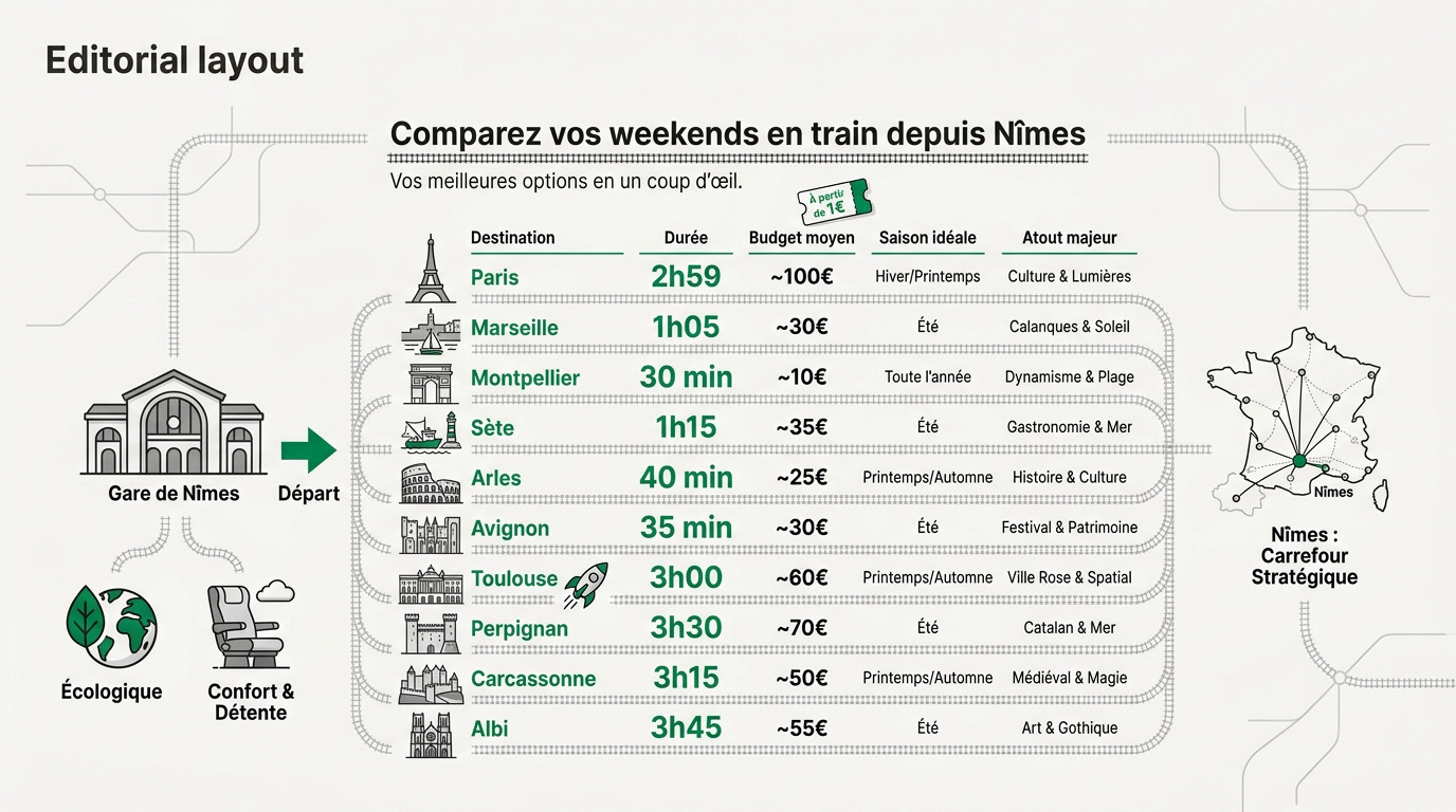 Comparatif des destinations de weekend en train au départ de la gare de Nîmes