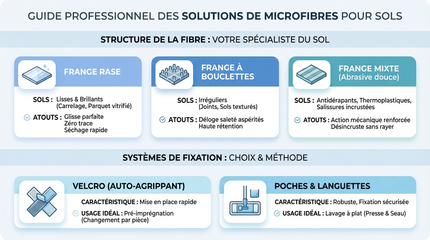 Comparatif visuel des types de franges microfibres adapt&eacute;es aux diff&eacute;rents sols professionnels