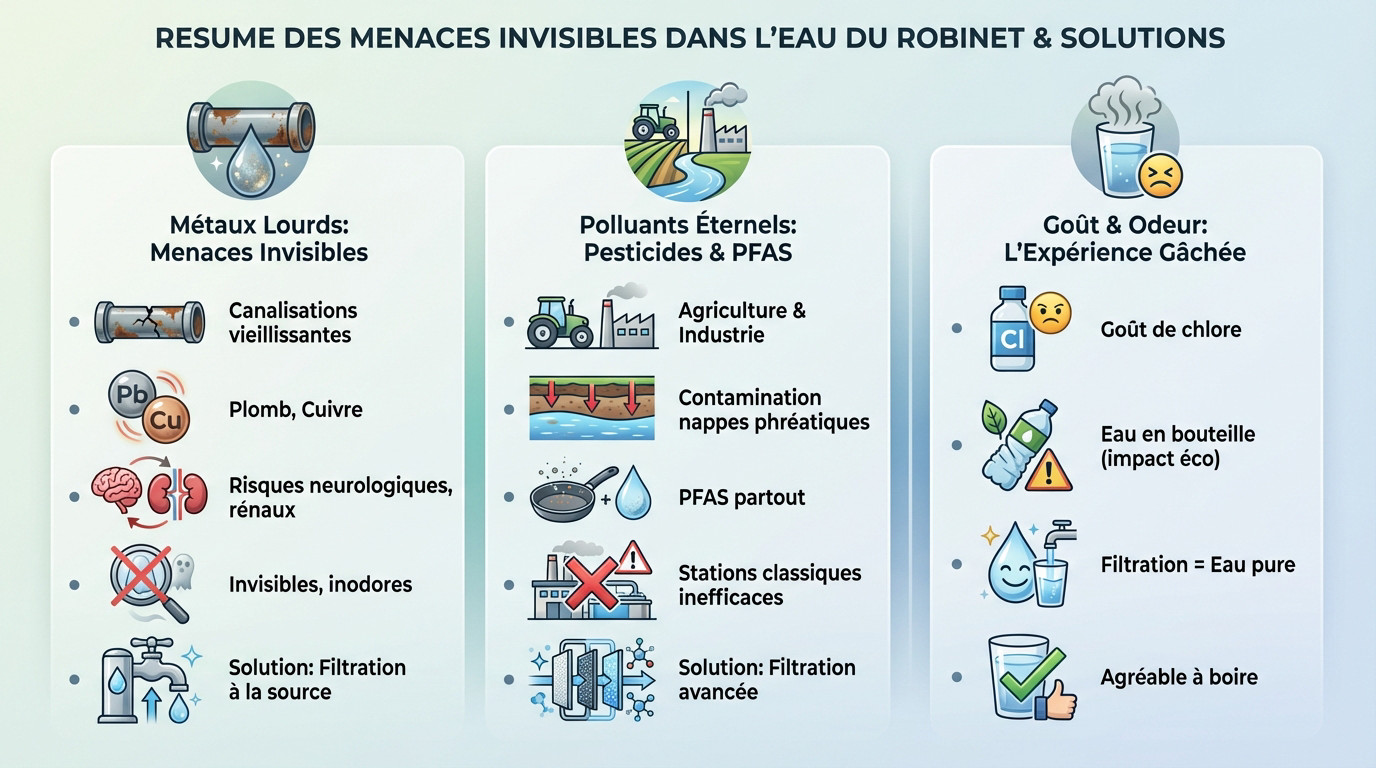 Schéma illustrant les contaminants invisibles de l'eau du robinet comme les métaux lourds et les PFAS