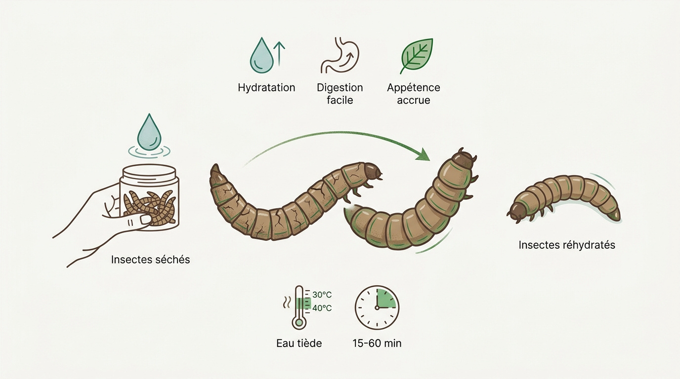 Réhydratation de vers de farine séchés dans de l'eau tiède pour oiseaux et reptiles