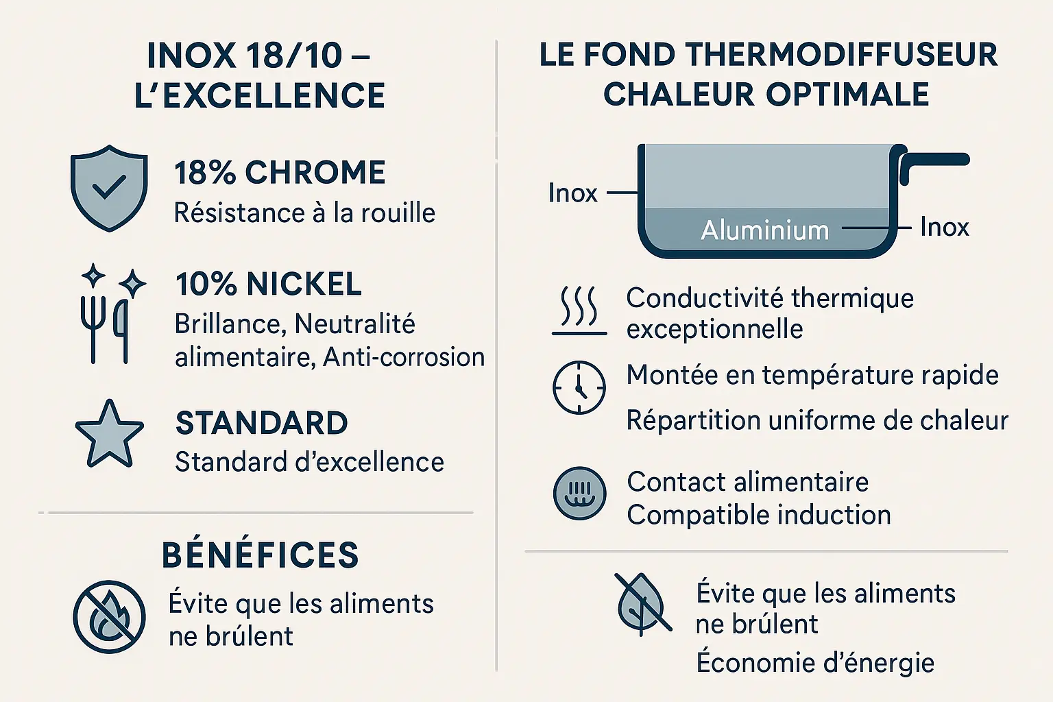 Ustensiles de cuisine en inox 18/10 avec fond thermodiffuseur