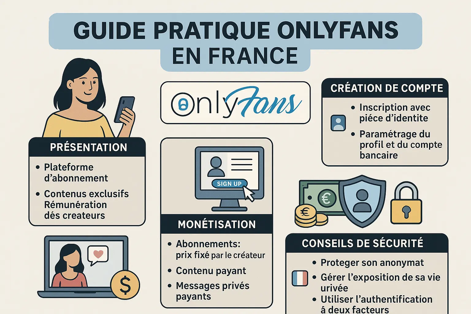 Illustration représentant l'univers d'OnlyFans en France avec des éléments symbolisant la diversité des contenus, la vérification d'âge et l'accès sécurisé à la plateforme.
