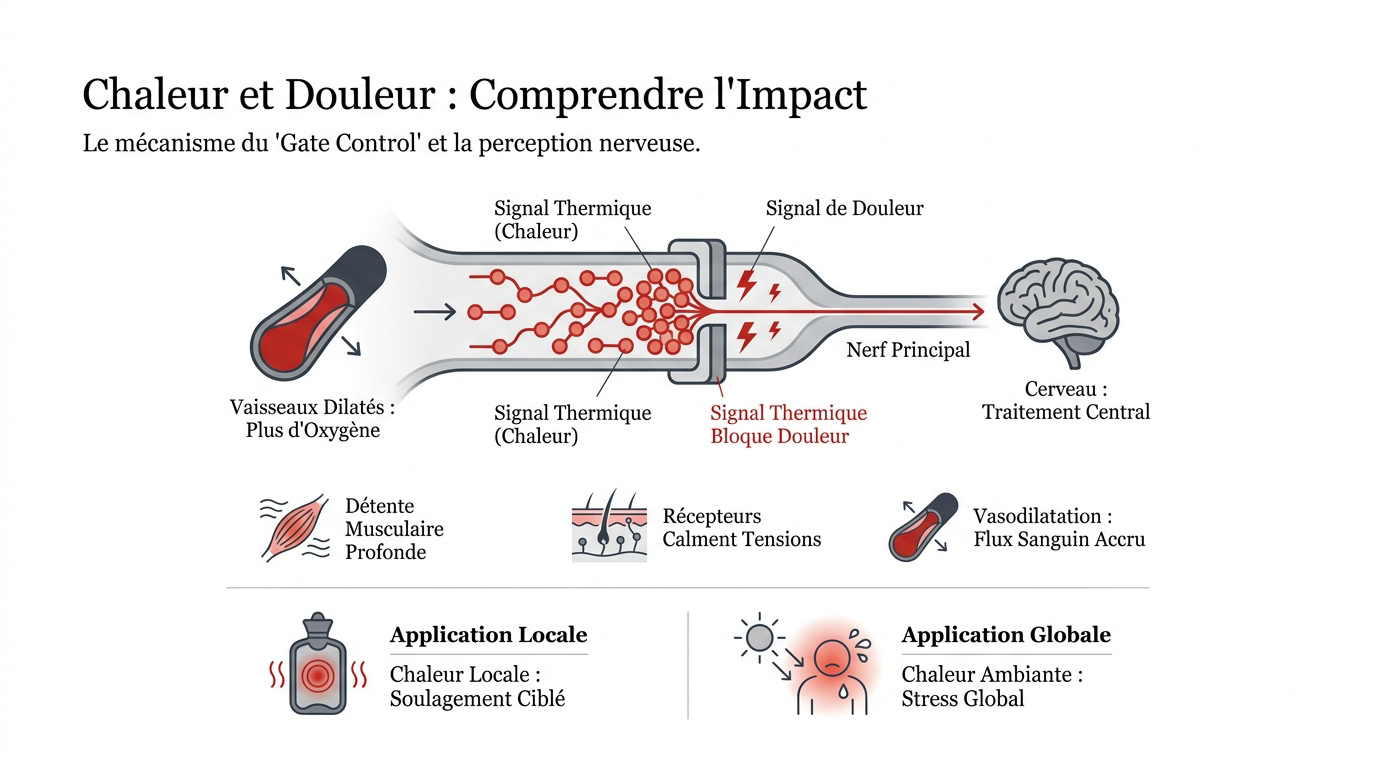 Schéma expliquant le mécanisme du gate control et l'effet de la chaleur sur les récepteurs nerveux