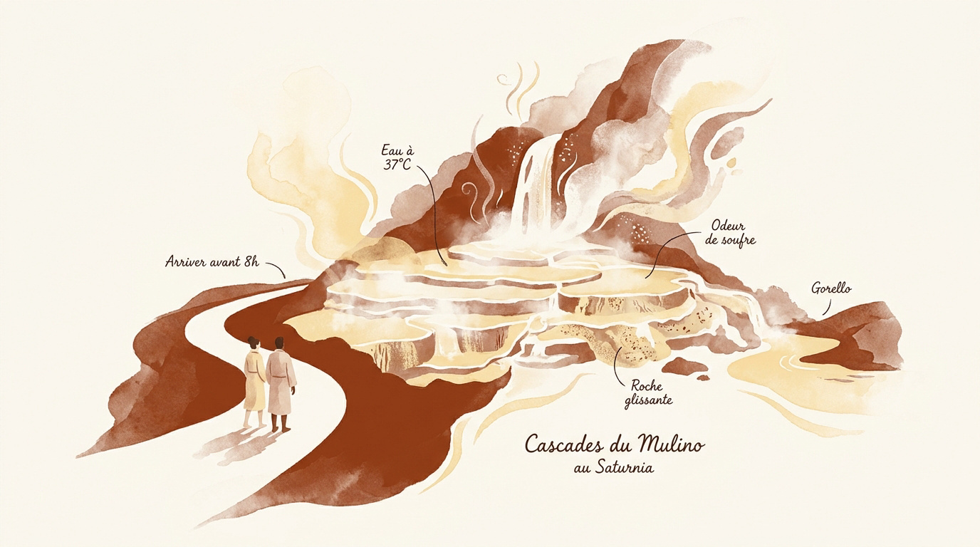 Vapor de água a elevar-se das bacias de travertino nas cascatas do Mulino em Saturnia ao nascer do sol