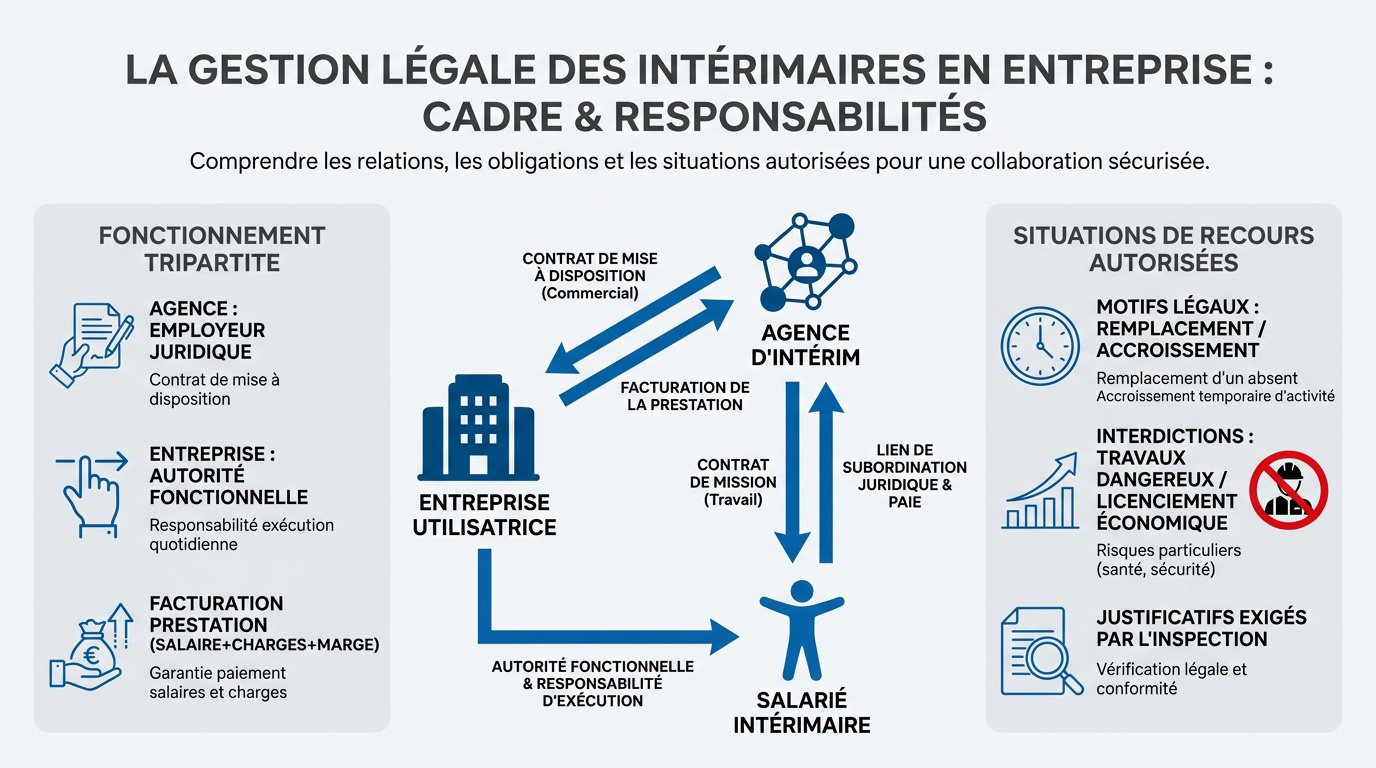 Schéma de la relation tripartite pour <strong>la gestion des intérimaires</strong> en entreprise »></p>
<h3><span id=