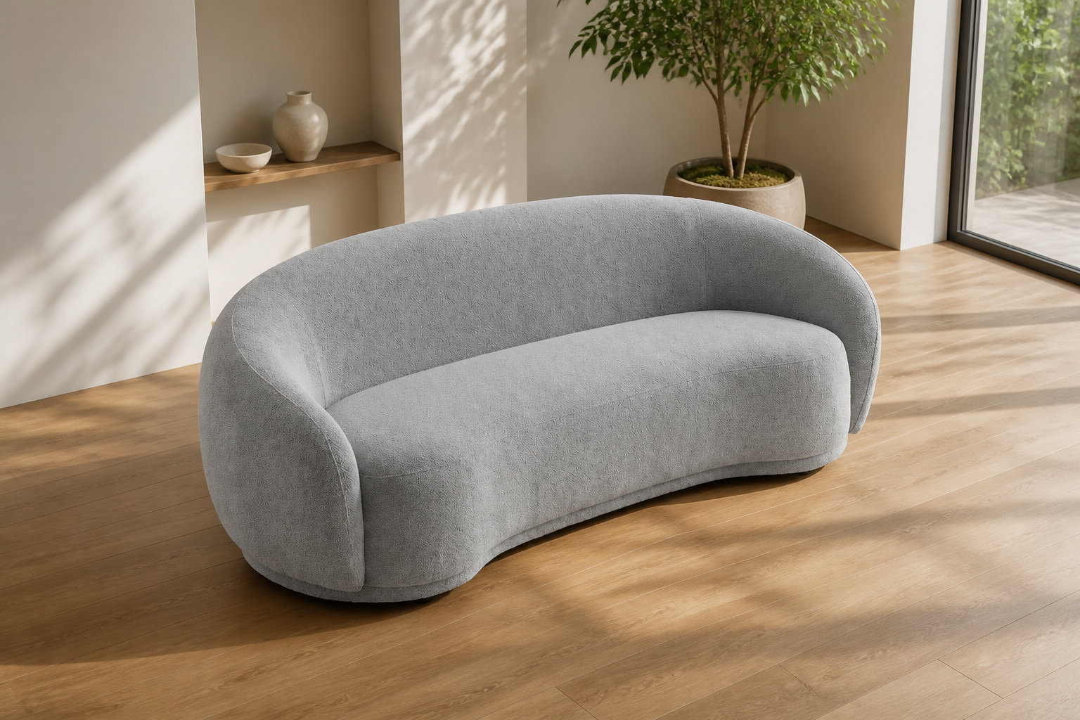 Canapé BOVANA en tissu bouclette gris : la sérénité moderne 🌫️