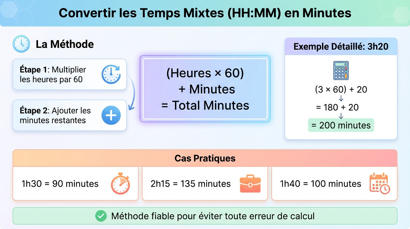 Schéma explicatif montrant la conversion de 3h20 en 200 minutes