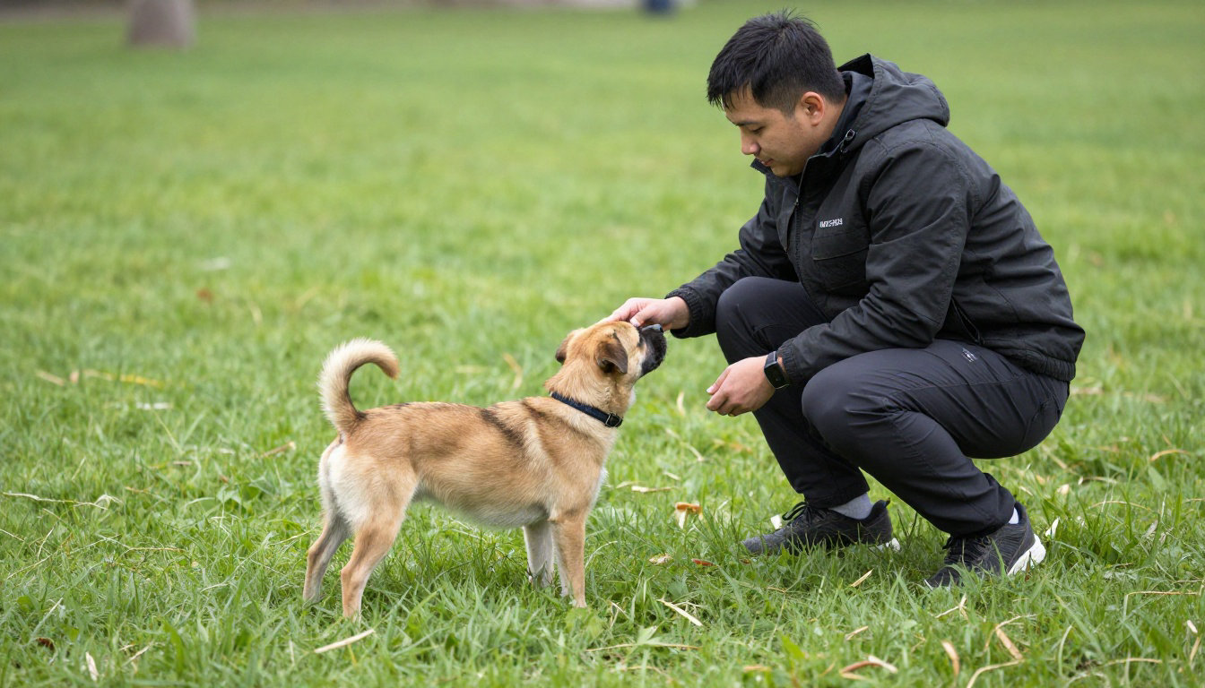 Maître caressant son chien sur l'herbe