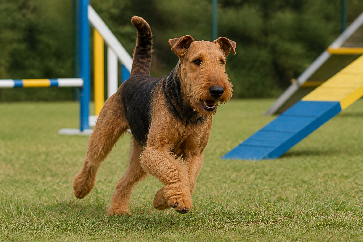 Airedale Terrier en action lors d'une session d'agility