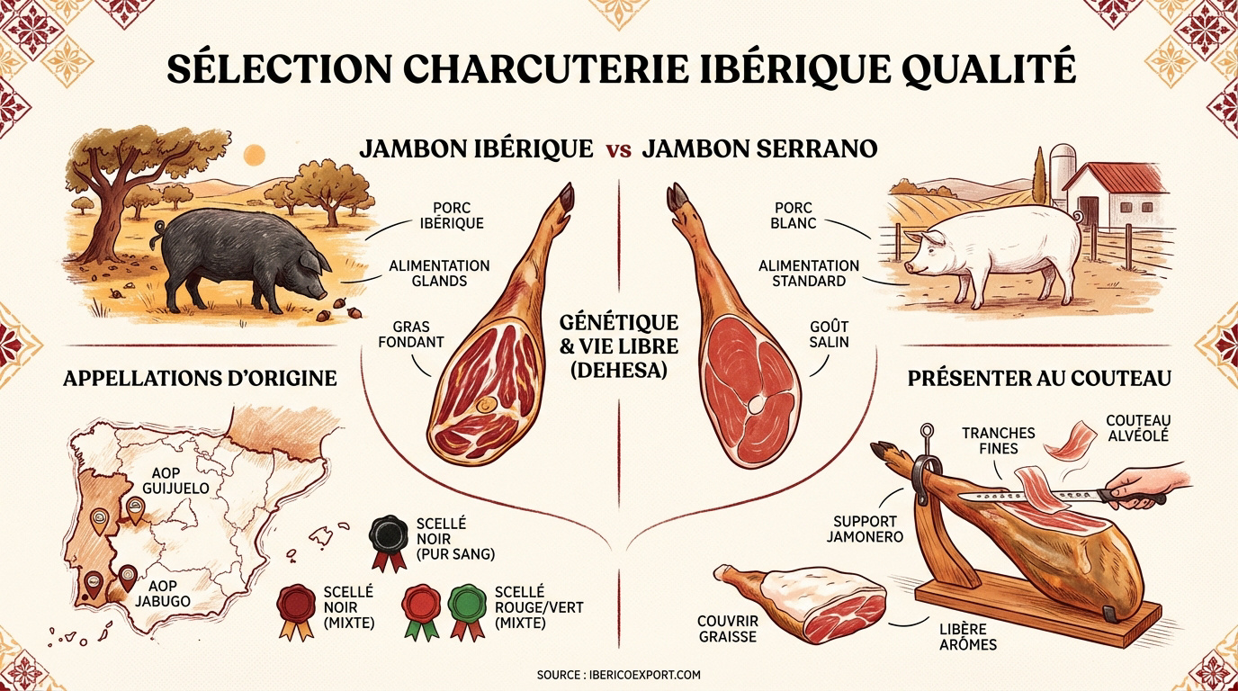 Assortiment de charcuterie ibérique premium avec jambon pata negra et chorizo bellota