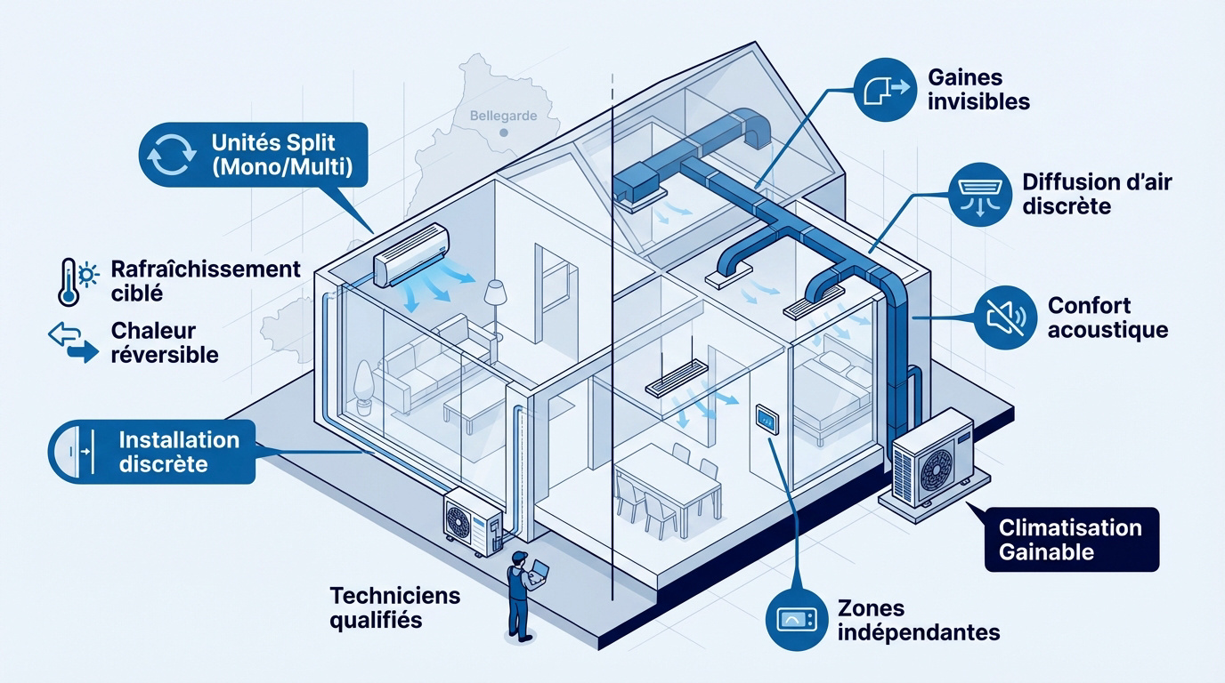 Installer une climatisation à Bellegarde 1 Comparatif technique entre climatisation split et système gainable pour maison individuelle