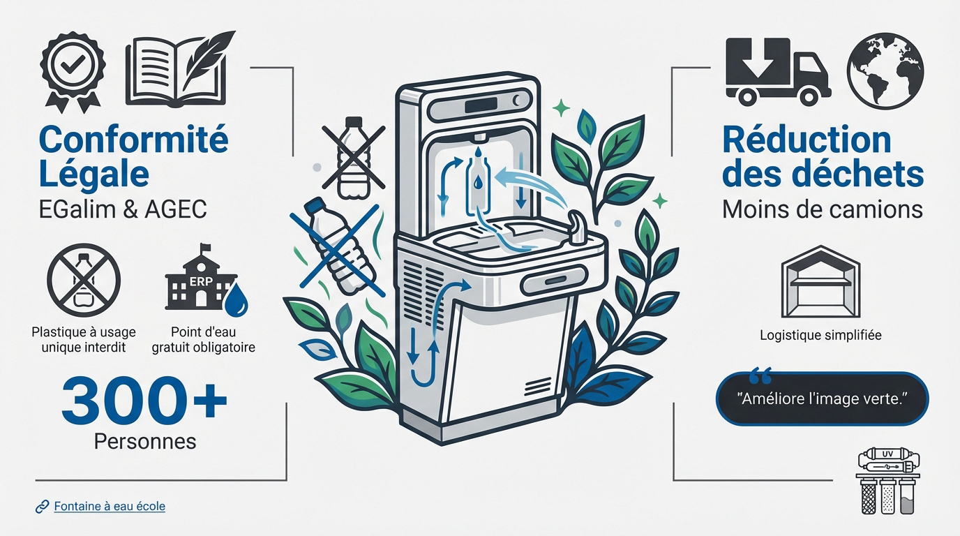 Fontaine à eau réseau installée dans un établissement public pour conformité légale