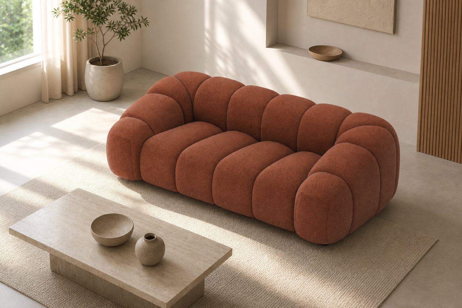 Canapé nuage 3 places en velours texturé terracotta - AVA